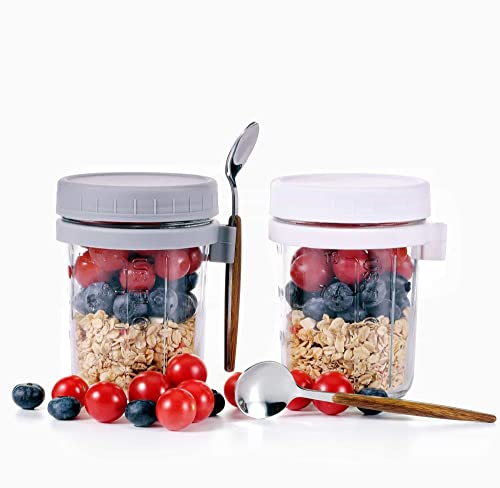 Eidoct Overnight Haferbehälter 2er-Pack, Overnight Oats Jars with Lid and Spoon 283.5 g Cerealien, Milch, Fruit Salat, with Measurement Mark (Grey and White) von Eidoct