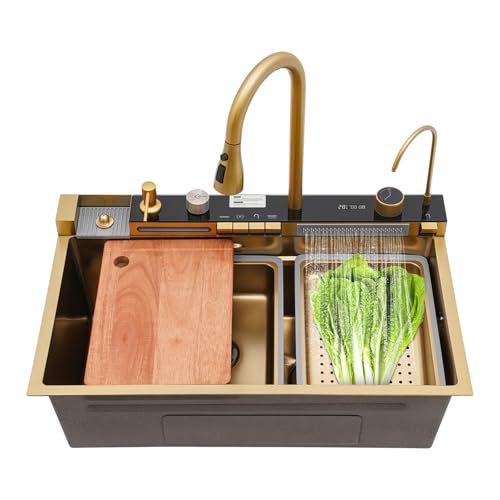 Goldene Wasserfall-Küchenspüle, Küchenwaschbecken Edelstahl, Einzelbecken-Arbeitsplatzspüle, Spülbecken Küche Komplett Set, 75x46x22cm von Eieblek