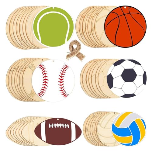 Eieenotee 84er Set Holzanhänger Volleyball, Basketball, Baseball, Tennis, Fußball Form Unvollendete Holzspäne Dekoratives Set von Eieenotee