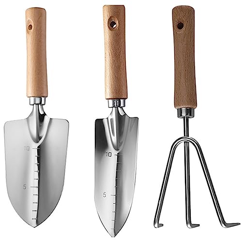 Eieenotee Die 3-Teilige Kleine Japanische Gartenschaufel mit Holzgriff in Silber Enthält eine Breite Schaufel, eine Spitze Schaufel und Einen Dreizahnigen Rechen von Eieenotee