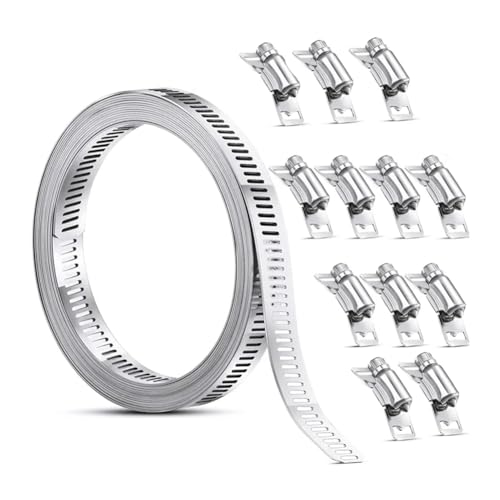 Eieenotee Edelstahl-Schlauchklemmenband mit Befestigungselementen, Schneckenklemme, Verstellbare Schneckengetriebe-Rohrleitungsschlauchklemme, 10 M, Einfache Installation von Eieenotee