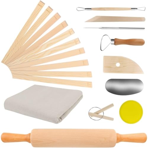 Eieenotee Keramikunterrichtskit mit Rollstift, Töpferlehrungslehre Rolling Mud Sticks Tonculpting -Werkzeuge und Premium -Leinen von Eieenotee