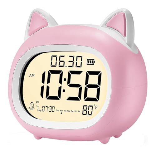 Eieenotee Kinderwecker mit Nachtlicht f¨¹r Kinder, Digitaler F¨¹rs Schlafzimmer, Routine-Builder, S¨¹? Katzenwecker Rosa von Eieenotee