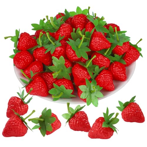 Eieenotee Rote Erdbeeren Künstliche 100 PCs Gefälschte Kunststoff Erdbeerdekor für Heimküchenfestival -Party -Fotografie Kuchen von Eieenotee