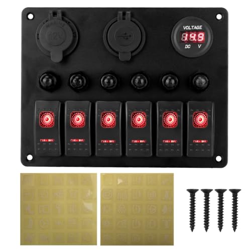 Eieenotee Universal Car RV 6 Schalter Panel 12/24V Wippschalter Panel Voltmeter USB Ladeger?t Leistungsschalter Tester Licht Toggle B von Eieenotee
