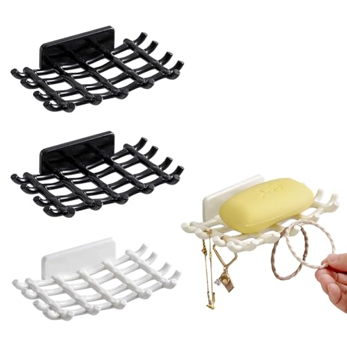 Eiflayn Seifenschale,4 Stück Seifenschale mit Ablauf,Ohne Bohren Selbstklebend Seifenhalter,Seifenhalter Dusche mit Haken,Für Bäder,Küchen,Zimmer(2Schwarz+2Weiß) von Eiflayn