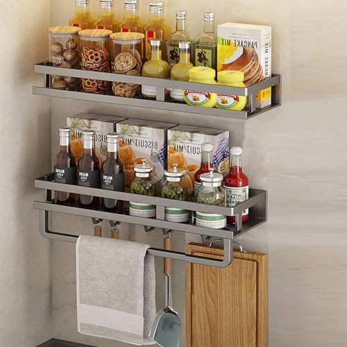 EigPluy 2 Stück Hakenleiste für Küchenutensilien, Klebstoff/Bohren 2 Wege installieren Küche Hakenleiste mit 6 Haken,40cm Wandmontiertes Küchenutensilien-Organizer-Rack(grau) von EigPluy