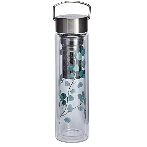 Eigenart FLOWTEA Eucalyptus doppelwandige Trinkflasche aus Borosilikatglas mit Edelstahldeckel, Neoprenhülle und Sieb, BPA frei, 400ml, 50020 von Eigenart