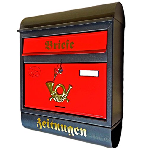 Großer Briefkasten/Postkasten XXL Schwarz Matt/Rot mit Zeitungsrolle Zeitungsfach Runddach von Eigenmarke