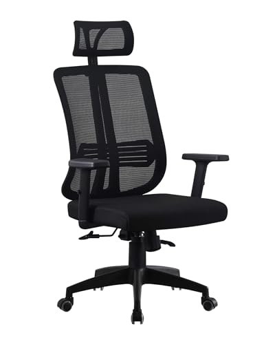 Eigentlich Bürostuhl mit Kopfstütze und Netzrücken schwarz, Arbeitsstuhl höhenverstellbar 114-124 cm, ergonomischer Schreibtischstuhl, Drehstuhl mit Lordosenstütze und höhenverstellbaren Armlehnen von Eigentlich