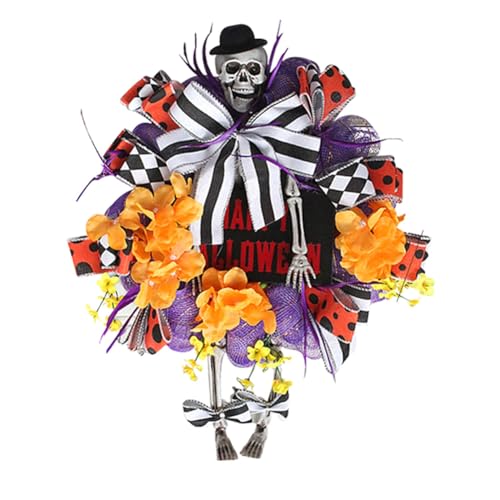 Eighosee Halloween-Kranz für die Haustür, Halloween-Netzkranz, Kürbis und Menschliches Skelett mit Beinen, Lustige Halloween-Veranda-Dekoration von Eighosee