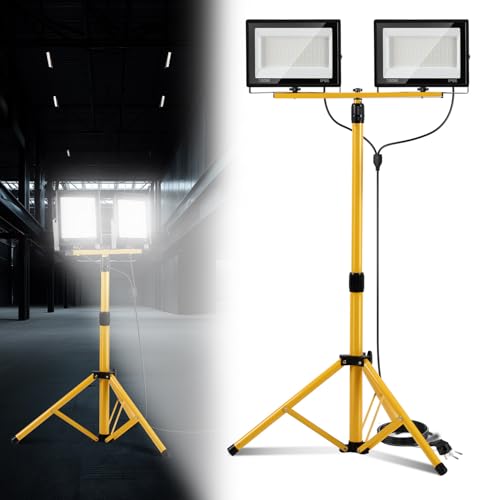 Eikuavons 2 x 100W Baustrahler LED mit Stativ einstellbar, IP66 Wasserdichte Baulampe mit 3m Netzkabel, 6500K LED Arbeitsstrahler für Baustelle, Werkstatt oder Keller, Innen & Außen von Eikuavons