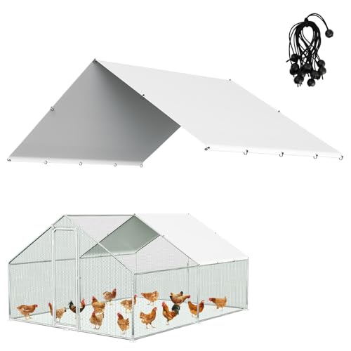 Eikuavons Hühnerstall-Abdeckung, 3,43 x 2 m Abdeckplane für Hühnerstall, Winterdeckel für Hühnerläufe mit 14 Kugelgummischnüren, Wasserdichtund UV-Schutz, Weiß von Eikuavons