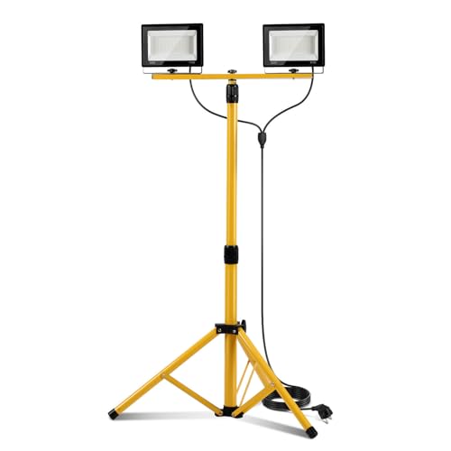Eikuavons LED Baustrahler mit Stativ, 2x50W Strahler 6500K Kaltweiß, IP66 Wasserdicht Höhenverstellbar Stativ und 3m Kabel Stecker, Einstellbare Richtung, für Garage Baustelle von Eikuavons