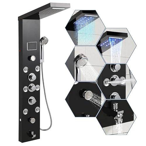 Eikuavons LED Duschpaneel mit Armatur, 6 in 1 Duschsäule aus Edelstahl 304, mit 5 Dusch Funktion (Regendusche, Wasserfalldusche, Massagedusche, Wanneneinlauf Handbrause) Schwarz von Eikuavons