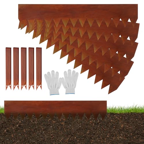 Eikuavons Rasenkanten, 100x20cm Rasenkante Metall scharfen Sägezähnen, Flexible Beeteinfassung Mähkant Palisade mit Clips und Handschuhe, für Gärten Wege, Rost (Länge 45m - Höhe 20cm) von Eikuavons