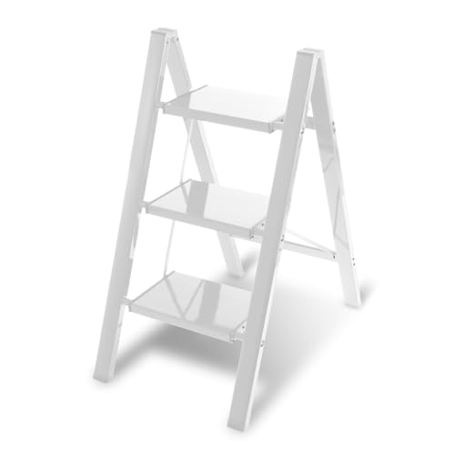 Eikuavons Trittleiter, Haushaltsleiter 3 Stufen Klappbar, Klapptrittleiter Stehleiter, Aluminium Tritthocker, rutschfeste Leiter mit Klappsicherung, Klappleiter für, Belastbar bis 150kg, Weiß Eikuavons Trittleiter, Haushaltsleiter 3 Stufen Klappbar, Klapptrittleiter Stehleiter, Aluminium Tritthocker, rutschfeste Leiter mit Klappsicherung, Klappleiter für, Belastbar bis 150kg, Weiß von Eikuavons