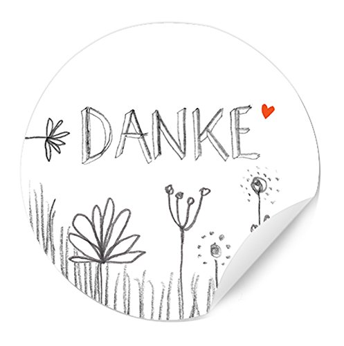 24 Etiketten: Danke - vielseitige Dankeschön Sticker in Grau Weiß mit Blumen für Gastgeschenke, MATTE Papieraufkleber für Hochzeit und Danksagungen rund 40 mm von Eine der Guten