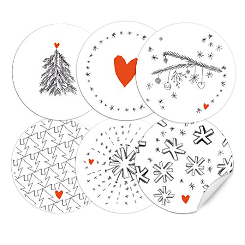 24 Weihnachtsdeko-Aufkleber Grau Weiß Rot im Handlettering Stil, 6 Motive, runde selbstklebende Sticker gemischt, MATTE Papieraufkleber für selbst gebastelte Adventskalender und Weihnachtsgeschenke von Eine der Guten
