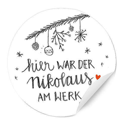 24 matte Nikolausaufkleber für Socken & Nikolausstiefel - NIKOLAUS AM WERK - im Handlettering Design, Bleistift Optik, Weiß Grau Rot von Eine der Guten