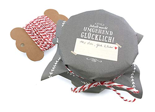 25 Marmeladendeckchen - umgehend glücklich - Gläserdeckchen Grau Weiß für Marmelade, Marmeladengläser & Einmachgläser, Recyclingpapier Abreißblock + 10 m Garn + Justiergummi von Eine der Guten