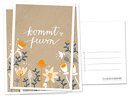 50 Einladungskarten - Kommt feiern! - Beige Orange mit Blumen, geschmackvolle Einladung zu Hochzeit, Geburtstag und Jubiläum auf hochwertigem Recyclingpapier von Eine der Guten