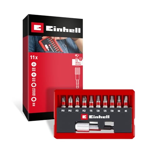 Original Einhell Bit-Set 11-tlg. (25-mm-Bits PH/PZ/T/H, sandgestrahlter S2-Stahl, Schnellwechselbithalter E 6.3, Taschenkassette mit Aufstellfunktion) von Einhell Accessories