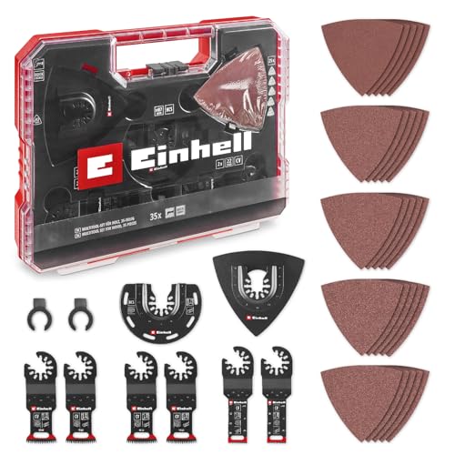 Original Einhell XL-PLUS-CASE 35-tlg. Multitool-Set für Holz (CV-Tauchsägeblätter, HCS-Halbrund-Sägeblatt, Delta-Trägerplatte, Aluminiumoxid-Schleifpapier für Holz, Dremel-Adapter) von Einhell Accessories