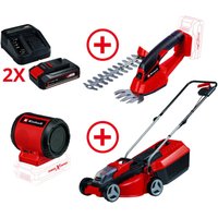 Einhell - Akku-Rasenmäher + Akku-Gras- und Strauchschere + 2x 2,5 Ah Starter-Kit + Akku-Lautsprecher von Einhell
