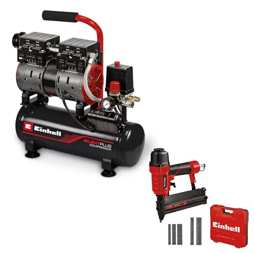Einhell TE-AC 6 Silent Kompressor (550 W, max. 8 bar, 110 L/min Ansaugleistung, öl- und servicefreier Motor, 6 l-Tank, Manometer, inkl. Druckluft-Tacker TC-PN 50, Rot) von Einhell