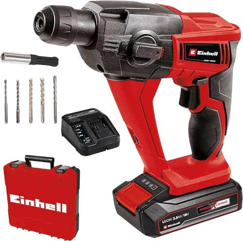 Einhell Akku-Bohrhammer TE-HD 18 Li Kit (1x2,5 Ah) Power X-Change (Li-Ion, 18 V, 1,2 J, SDS-Plus-Aufnahme, 12 mm Bohrleistung Beton, inkl. 2,5 Ah Akku, Ladegerät, 5 Bohrer, Koffer) von Einhell