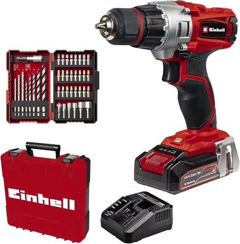 Einhell Akku-Bohrschrauber TE-CD 18/2 Li +39 (1x2,5Ah) Power X-Change (Li-Ion, 18 V, 44 Nm, 2-Gang-Getriebe, inkl. 2,5 Ah Akku, Schnellladegerät und 39-tlg. Zubehör-Set) Rot/Schwarz, 190 von Einhell