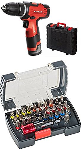 Einhell Akku Bohrschrauber TH-CD 12-2 Li (Lithium Ionen, 12 V, 1,3 Ah, 2 Gang, 24 Nm, Ladegerät, Koffer) + kwb PowerBox Bitset mit Bithalter (32-teilig, 1/4 Zoll Sechskantschaft) von Einhell