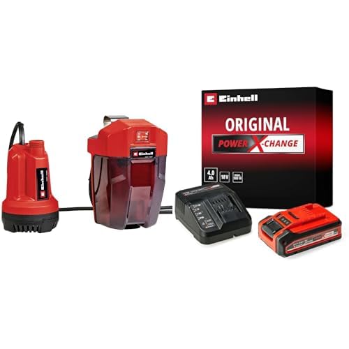 Einhell Akku-Klarwasserpumpe GE-SP 18 Li Power X-Change (Li-Ion, 18 V, Fördermenge 5000 L/h, 4 m max. Eintauchtiefe, flexible Batteriebox, inkl. 4 Ah Akku und Ladegerät) von Einhell