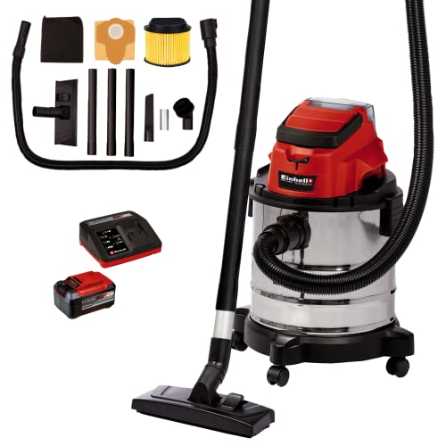 Einhell Akku-Nass-Trockensauger TC-VC 18/20 Li S Power X-Change (Li-Ion, 18V, Edelstahlbehälter 20 l, Blasanschluss, inkl. Düsen + Filter, inkl. 5,2 Ah Akku und Ladegerät) von Einhell