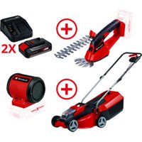 Einhell Akku-Rasenmäher + Akku-Gras- und Strauchschere + 2x 2,5 Ah Starter-Kit + Akku-Lautsprecher von Einhell