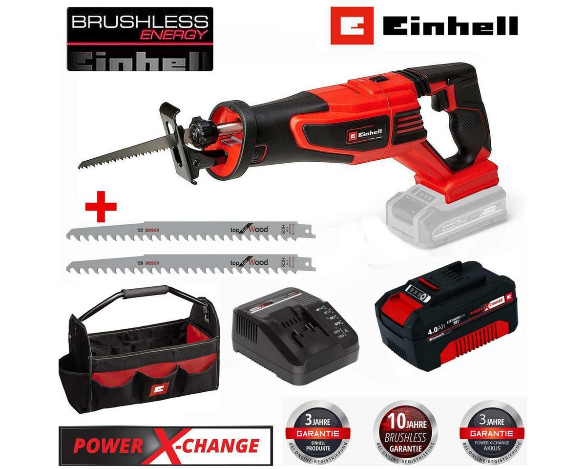 Einhell Akku-Säbelsäge säge TP-AP 18/28 Li BL+Akku 4.0 Ah Lader + 2 Bosch Sägeblätter + Bag von Einhell