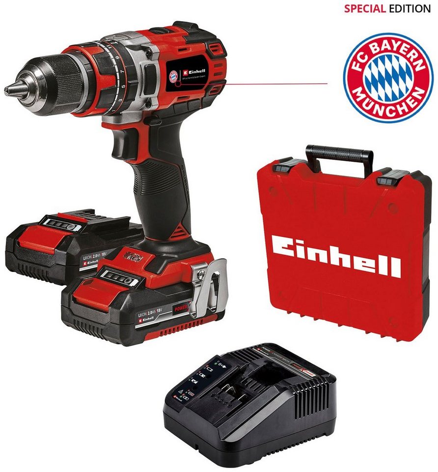 Einhell Akku-Schlagbohrschrauber TP-CD 18/50 Li-i BL - FC Bayern München, max. 1800 U/min, mit 2 Akkus 18V/2,0 Ah, Ladegerät und Koffer von Einhell