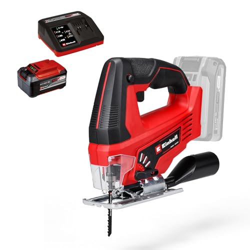 Einhell Akku-Stichsäge TC-JS 18 Li Power X-Change (Li-Ion, 18V, 20 mm Hubhöhe, max. 45° Schrägschnitte, Pendelhubfunktion, werkzeuglose Sägeblattaufnahme, inkl. Sägeblatt, 5.2 Ah Akku und Ladegerät) von Einhell