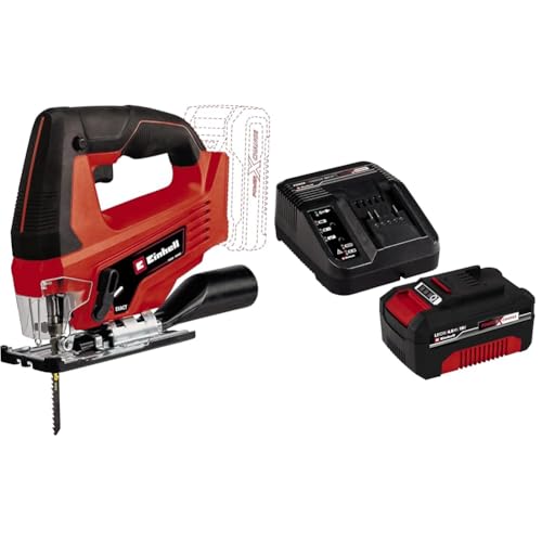 Einhell Akku-Stichsäge TC-JS 18 Li Power X-Change (Li-Ion,18V,20 mm Hubhöhe,max. 45° Schrägschnitte,Pendelhubfunktion,werkzeuglose Sägeblattaufnahme,inkl. Sägeblatt,4 Ah Akku und Schnellladegerät) von Einhell