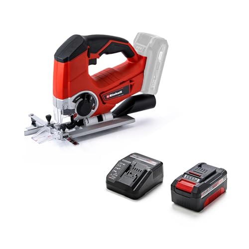 Einhell Akku-Stichsäge TE-JS 18 Li Power X-Change (Li-Ion, 18 V, max. 80 mm Schnitttiefe, 4-Stufen Pendelhub, Absaugadapter, Parallelanschlag, LED-Licht, inkl. 4,0 Ah Akku und Ladegerät) von Einhell