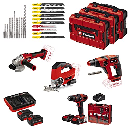 Einhell Akku-Werkzeug-Set 18 V Power X-Change – 4 Geräte + 4 Akkus + Zubehör (Stichsäge, Schlagbohrschrauber, Winkelschleifer, Bohrhammer, Akkus 2x 2,0 Ah, 2x 4,0 Ah, Ladegeräte, 3x E-Case, Zubehör) von Einhell