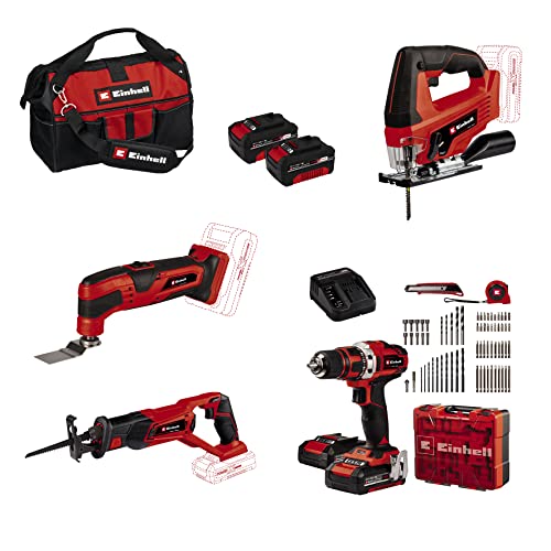 Einhell Akku-Werkzeug-Set 18 V Power X-Change – 4 Geräte + 4 Akkus + Zubehör (Stichsäge, Universalsäge, Multifunktionswerkzeug, Bohrschrauber, Akkus 2x 2,0 Ah, 2x 4,0 Ah, Ladegeräte, Tasche, Zubehör) von Einhell