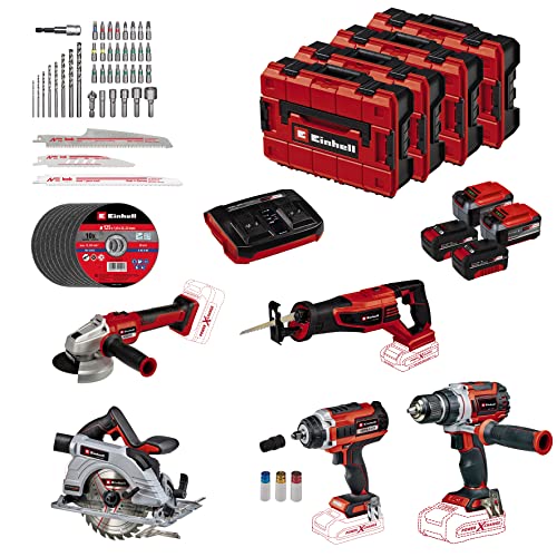 Einhell Akku-Werkzeug-Set 18V Power X-Change – 5 Geräte + 4 Akkus + Zubehör (Schlagschrauber, Bohrschrauber, Universalsäge, Handkreissäge, Winkelschleifer, Akkus 2x 4 Ah, 2x 5,2 Ah, 4 E-Case, Zubehör) von Einhell