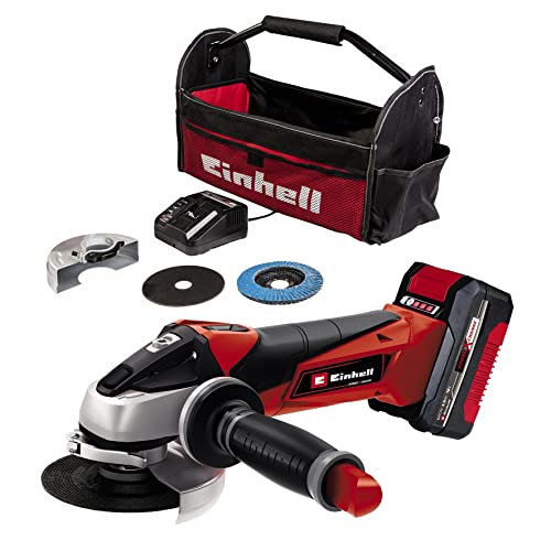 Einhell Akku-Winkelschleifer TE-AG 18/115 Li Kit Power X-Change (18 V, 115 mm Scheibendurchmesser, 28 mm Schnitttiefe, inkl. Trennscheibe, Schleifscheibe, 4,0 Ah Akku, Ladegerät), Rot/Schwarz von Einhell