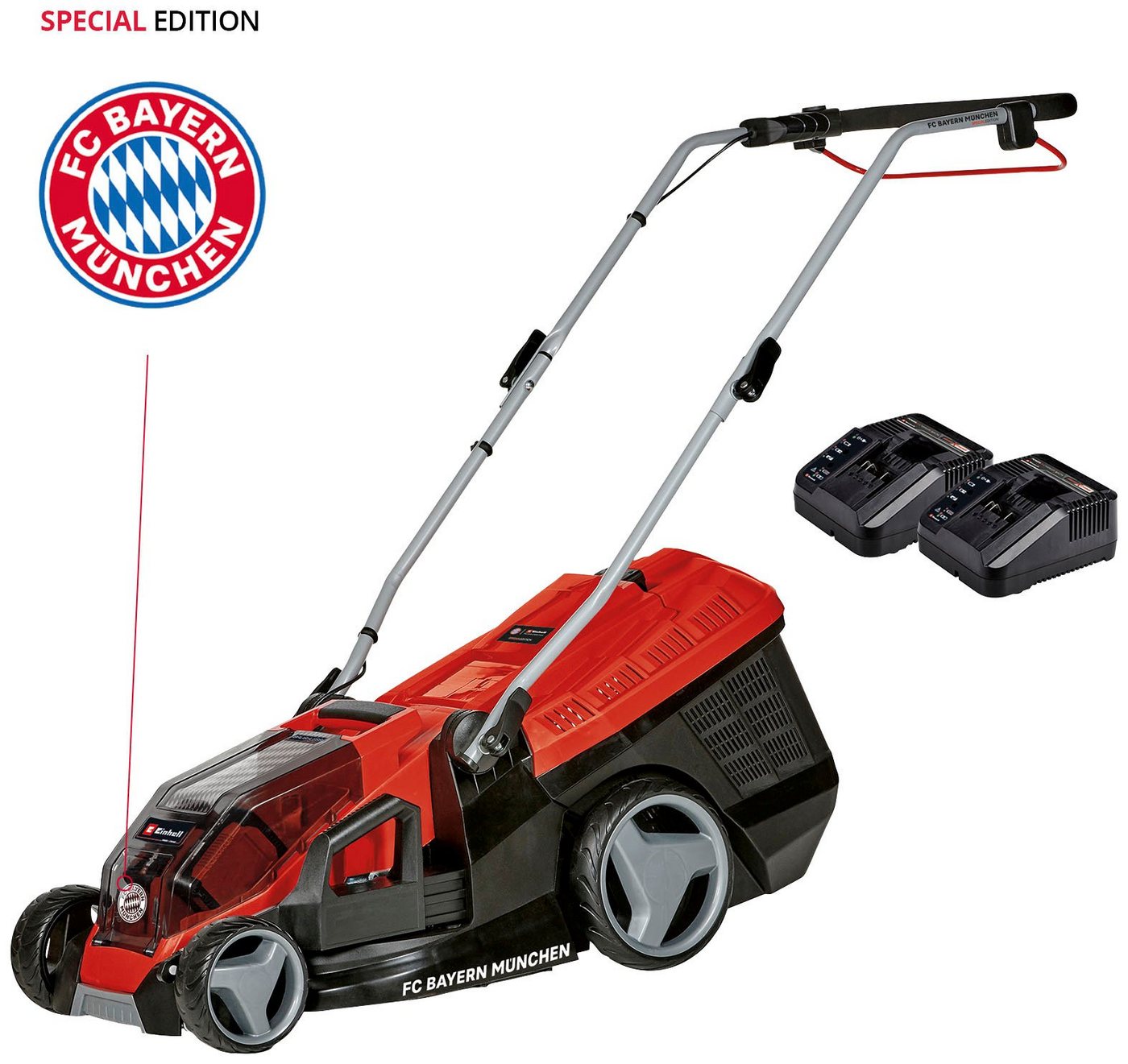 Einhell Akkurasenmäher GE-CM 36/36 Li Kit - FC Bayern München, 36 cm Schnittbreite, (Set), mit 2 Akkus 18V/4,0Ah und 2 Ladegeräte von Einhell