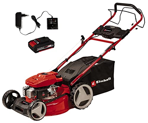 Einhell Benzin-Rasenmäher GC-PM 46 SM HW-E Li (2 kW, 4-Takt-Motor, für bis zu 1400 m², Elektro-Start-Funktion, abschaltbarer Hinterradantrieb, 65 l-Fangsack, inkl. Akku & Ladegerät) von Einhell