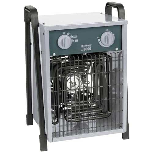 Einhell Elektro-Heizer EH 3000 (230 V, 3.000 W max., spez. Heizelemente, 2 Heizstufen, Axiallüfter, stufenloser Thermostatregler, Spritzwasserschutz), Grau, Schwarz von Einhell