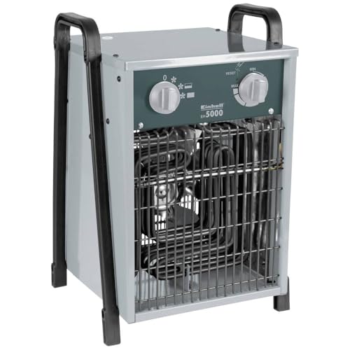 Einhell Elektro-Heizer EH 5000 (400 V, 5.000 W max., spez. Heizelemente, 2 Heizstufen, Axiallüfter, stufenloser Thermostatregler, Spritzwasserschutz), Grau, Schwarz von Einhell