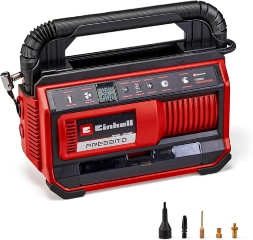 Einhell Hybrid-Kompressor PRESSITO 18/25 Hybrid Power X-Change (18 V, Betrieb mit Stromkabel oder Akku, max. 11 bar, inkl. 4-tlg. Adapter-Set & 2 Schläuchen, ohne Akku) von Einhell